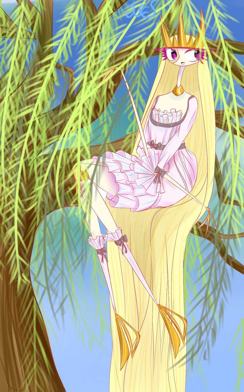 alternative_fashion blonde_hair burn_scar clothing crown dress female footwear frilly frilly_clothing frilly_footwear frilly_socks hair happy headgear j-fashion lolita_(fashion) long_hair not_furry pink_clothing pink_dress plant purple_eyes scar sitting_on_branch smile socks solo tiara vines renv nintendo pokemon andromeda_(renv) arthropod generation_7_pokemon humanoid pheromosa pokemon_(species) ultra_beast hi_res signature