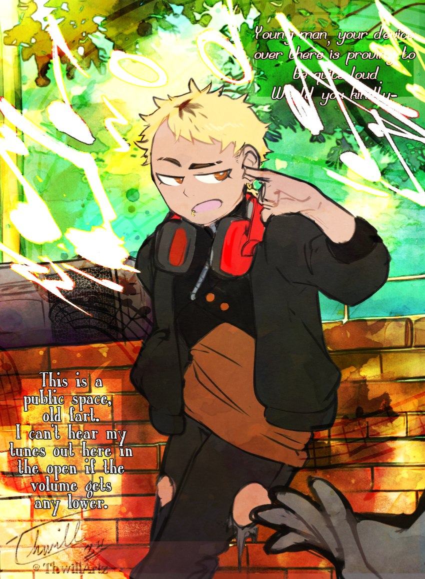 blonde_hair boombox brick_wall clothed clothing dialogue electronics finger_in_ear hair headphones human_only looking_aside male not_furry orange_eyes outside plant solo text tree wall_(structure) thwillartz human mammal colored digital_media_(artwork) english_text hi_res