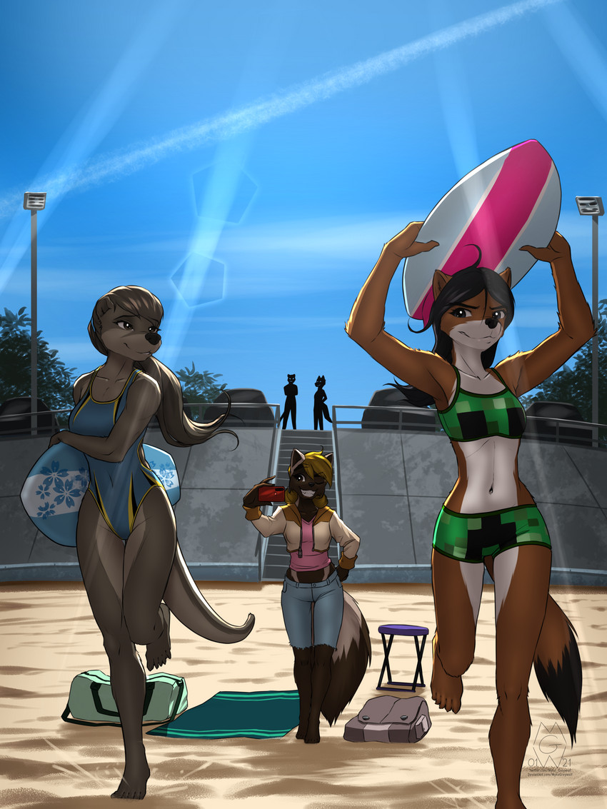 5_fingers 5_toes anthro bag barefoot beach bikini bikini_shorts black_hair blonde_hair blue_eyes bottomwear breasts brown_body brown_eyes brown_fur brown_hair car claws clothed clothing colored_edge_bikini colored_edge_swimsuit countershade_face countershade_legs countershade_tail countershade_thighs countershade_torso countershading cropped_jacket day denim denim_bottomwear denim_clothing detailed_background dipstick_tail eyebrows eyelashes feet female fingers fluffy fluffy_tail fur group hair jeans long_tail markings midriff navel one-piece_swimsuit one_eye_closed outside pants plantigrade ponytail purple_eyes sand seaside silhouette sky smile sun surfboard swimwear tail tail_markings teeth toes towel two-piece_swimsuit vehicle watercraft mykegreywolf jen_(mykegreywolf) mel_(mykegreywolf) nat_(mykegreywolf) gulonine mammal mustelid musteline otter stoat true_musteline weasel wolverine 2021 3:4 absurd_res hi_res