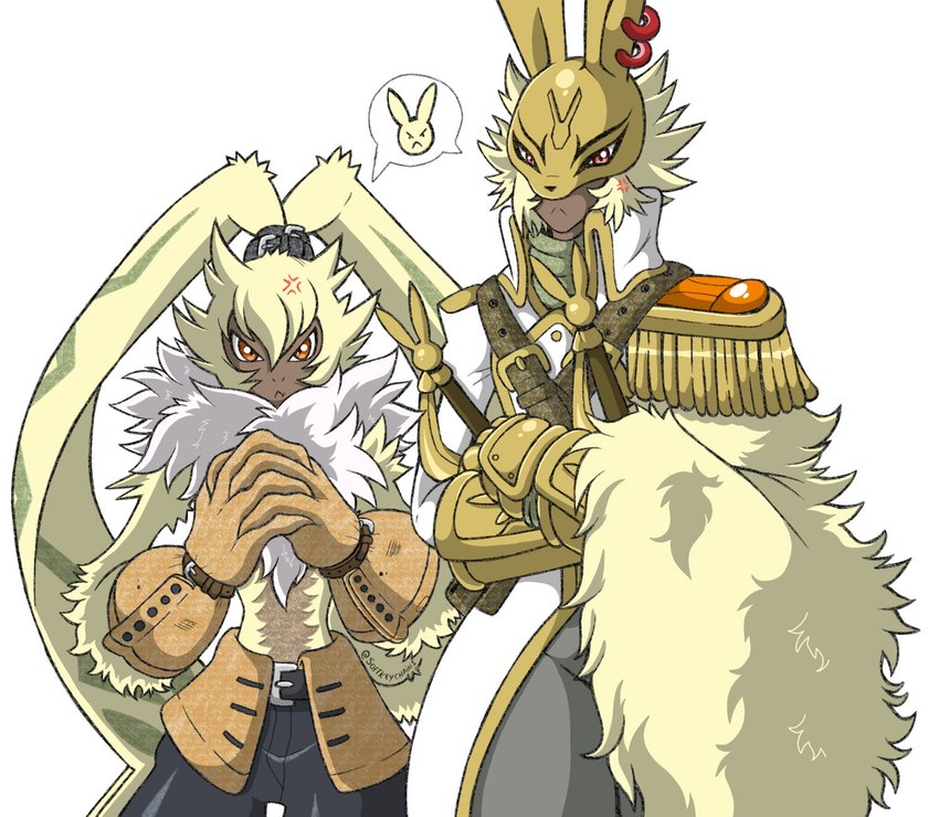 anthro armor blonde_hair cape clothing duo ear_piercing ear_ring fluffy_chest fur gloves hair handwear headgear helmet knight long_ears male piercing ponytail_ears ring_piercing shirtless warrior yellow_body yellow_fur portugueselynx bandai_namco digimon digimon_ghost_game diarbbitmon digimon_(species) humanoid lagomorph leporid mammal rabbit symbareangoramon hi_res