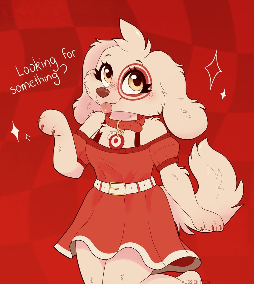 anthro belt big_eyes blep blush blush_lines brown_nose checkered checkered_background claws closed_smile clothed clothing collar dialogue dress eyebrows eyelashes facial_markings female finger_claws fingers floppy_ears fully_clothed fur head_markings looking_at_viewer markings mascot mouth_closed pattern_background paws pink_tongue pupils red_background red_body red_clothing red_collar red_dress red_fur red_markings simple_background smile snout solo tail talking_to_viewer text three-quarter_view tongue tongue_out white_belt white_body white_fur yellow_eyes aussiekitten target_corporation spot_(jayrnski) bird_dog canid canine canis domestic_dog hunting_dog mammal spaniel 2024 absurd_res artist_name cel_shading digital_media_(artwork) english_text hi_res portrait shaded three-quarter_portrait watermark