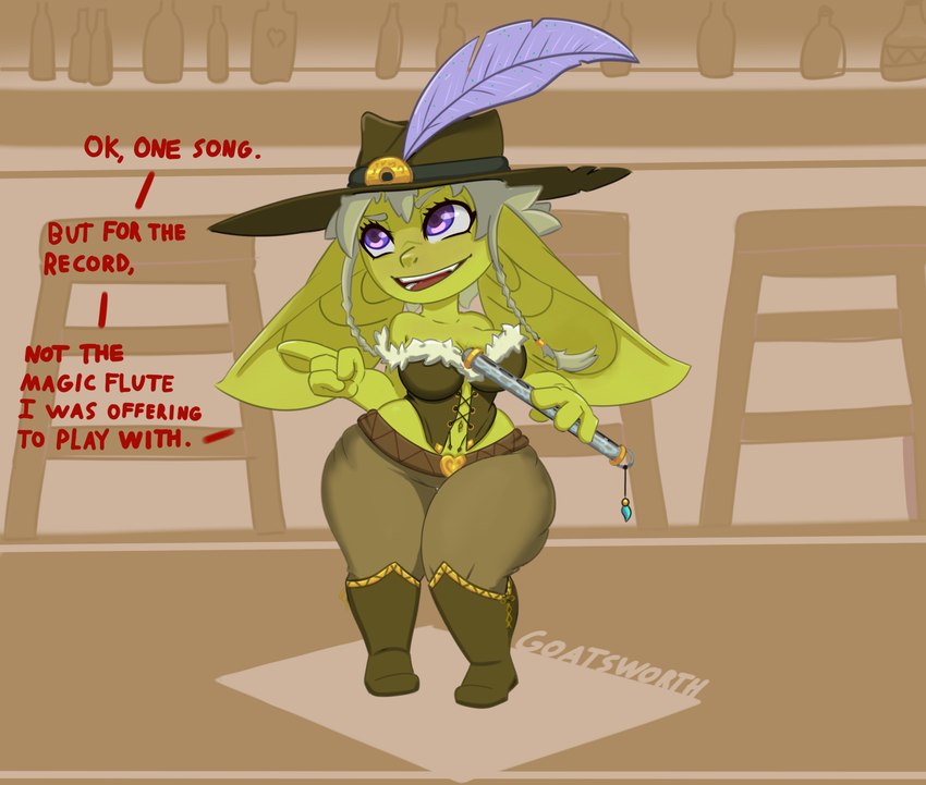 4_fingers bard big_breasts big_ears bottomwear breasts brown_bottomwear brown_clothing brown_footwear brown_hat brown_headwear brown_pants brown_shoes brown_topwear cleavage clothed clothing dialogue ears_down eyelashes female fingers flute footwear green_body green_skin grey_hair hair hat hat_feather headgear headwear holding_flute humanoid_pointy_ears loose_feather musical_instrument not_furry open_mouth open_smile pants pivoted_ears pointy_ears purple_eyes shoes short_stack smile solo text thick_thighs topwear wide_hips wind_instrument woodwind_instrument goatsworth goblin humanoid english_text hi_res