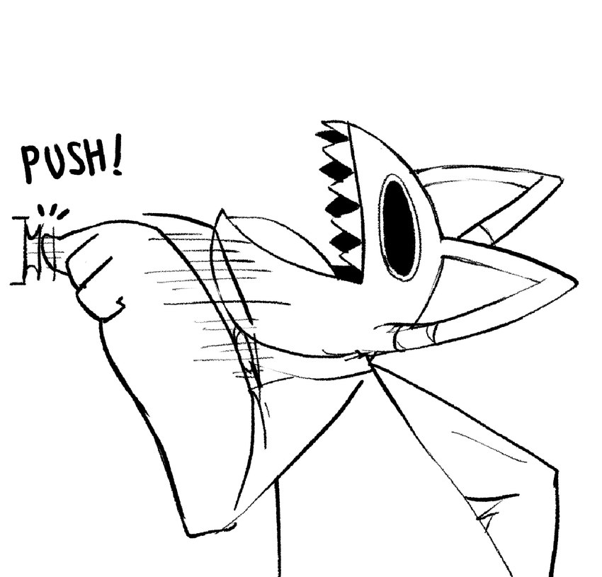 ambiguous_anthro ambiguous_gender anthro arms_bent big_eyes big_pupils direction_lines emphatic_sound_effects fingers gaping_mouth head_back looking_up monotone_background motion_lines noseless onomatopoeia open_mouth path_lines pointy_ears pressing_button prick_ears pupils pushbutton pushing_button pushing_sound_effect seam_(sewing) sharp_teeth simple_background solo sound_effects teeth text tongue white_background wide_smile misoden_(artist) delibas_(misoden) animate_inanimate felid feline living_clothing living_costume living_fursuit mammal 2024 digital_drawing_(artwork) digital_media_(artwork) greyscale hi_res icon japanese_description monochrome sketch translation_request