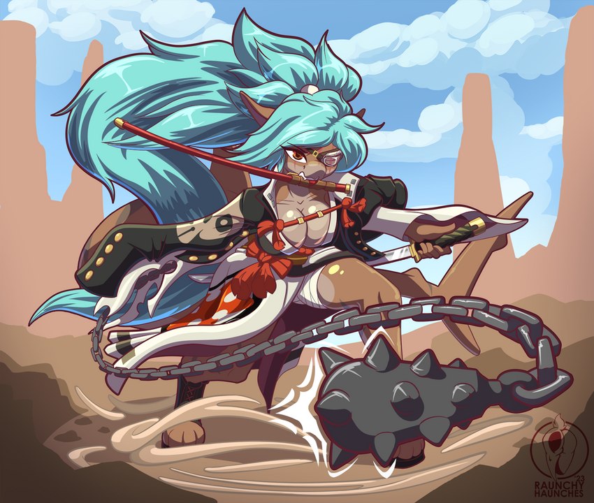 angry bite blue_hair breasts brown_eyes chain cleavage clothed clothing coat desert eye_patch eye_scar eyewear facial_scar female fighting_game hair katana long_hair melee_weapon motion_lines non-mammal_breasts one_arm outside ronin samurai scar solo sword tan_body topwear warrior weapon raunchyhaunches arc_system_works guilty_gear guilty_gear_strive baiken fish marine requiem_shark sandbar_shark shark hi_res