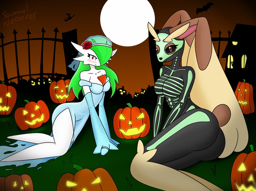 anthro bodysuit clothing dress duo female food fruit holidays jack-o'-lantern markings plant pumpkin skeleton_(marking) skeleton_bodypaint skeleton_costume skinsuit tight_clothing samuel-neocros halloween nintendo pokemon gardevoir generation_3_pokemon generation_4_pokemon ghost humanoid lopunny pokemon_(species) spirit