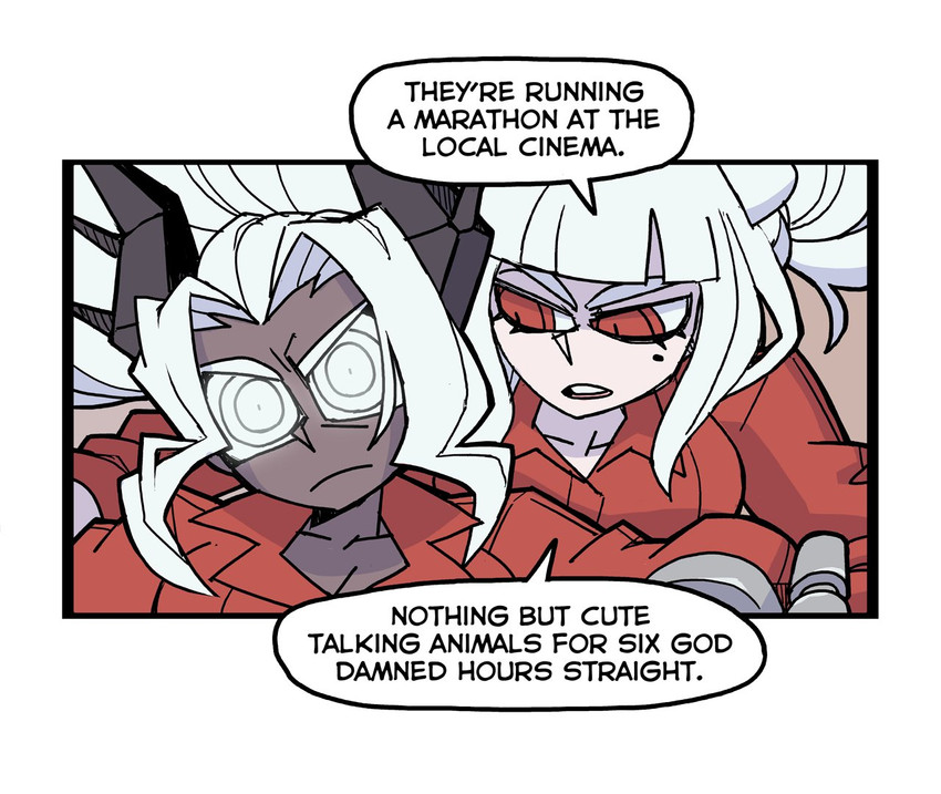 breasts clothed clothing dialogue duo female horn not_furry red_eyes text white_eyes vanripper helltaker judgement_(helltaker) lucifer_(helltaker) demon demon_humanoid humanoid english_text