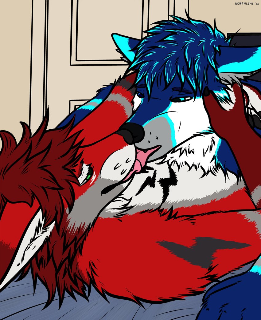 anthro bed duo fur fur_markings furniture heterochromia inside kissing lying male male/male markings on_back on_bed relationship romantic romantic_couple tongue tongue_out weremlems electro_wuff hunter_folf canid canine canis fox hybrid mammal wolf 2023 absurd_res digital_drawing_(artwork) digital_media_(artwork) flat_colors hi_res