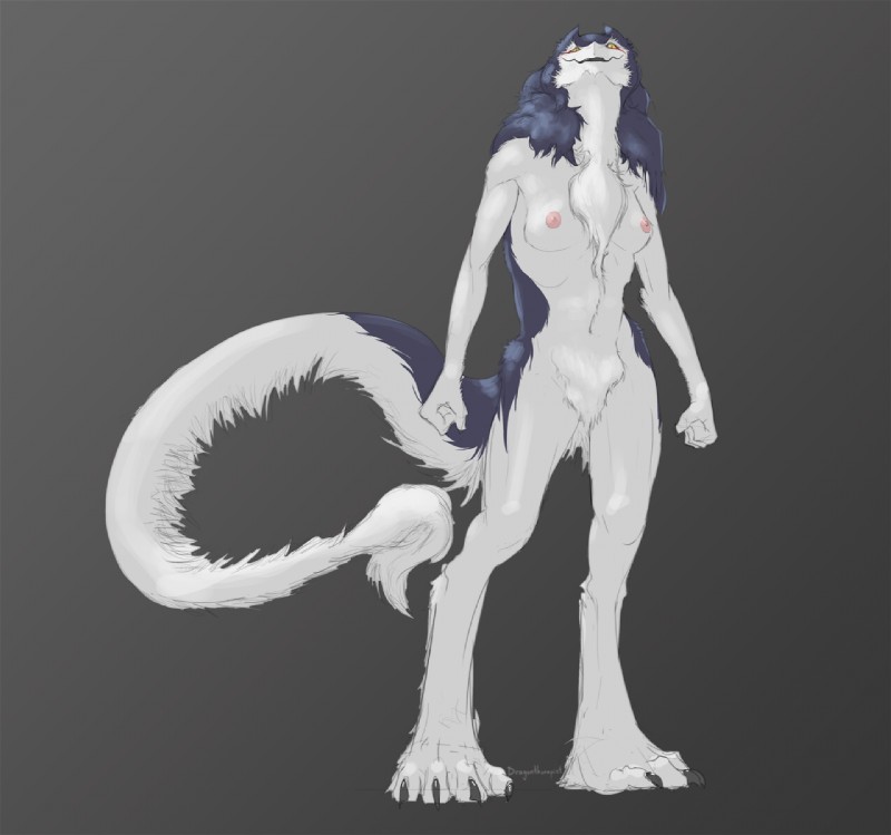 anthro blood bodily_fluids breasts claws erect_nipples female fist fur grey_background hair long_hair looking_at_viewer navel nipples nude pupils purple_body purple_fur purple_hair simple_background slit_pupils smile solo tail toe_claws tuft warpaint white_body white_fur yellow_eyes dragontherapist rain_silves mammal sergal 2015