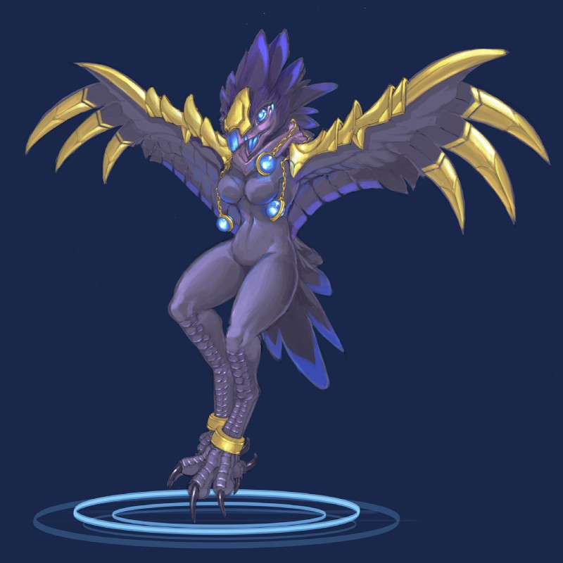 anthro beak blue_eyes breasts claws feathered_wings feathers feet female glowing glowing_eyes legband navel non-mammal_breasts nude solo standing talons toe_claws toes winged_arms wings foxmode blizzard_entertainment warcraft anzu_the_raven_god avian bird 1:1 hi_res