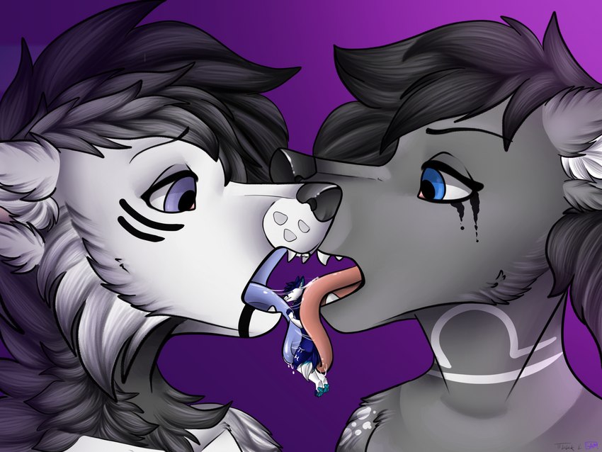 anthro between_tongues bodily_fluids dripping duo eating food fur group hair kissing larger_male larger_pred licking macro male male/male male_pred micro micro_focus micro_on_tongue micro_prey open_mouth oral saliva saliva_drip saliva_on_face saliva_on_tongue saliva_string simple_background size_difference smaller_anthro smaller_male teeth tongue tongue_out trapped trio vore loleczeq samuelwolfo chikorainfox samuelthewolf canid canine canis domestic_dog fox husky mammal nordic_sled_dog spitz wolf 4:3 absurd_res digital_media_(artwork) hi_res