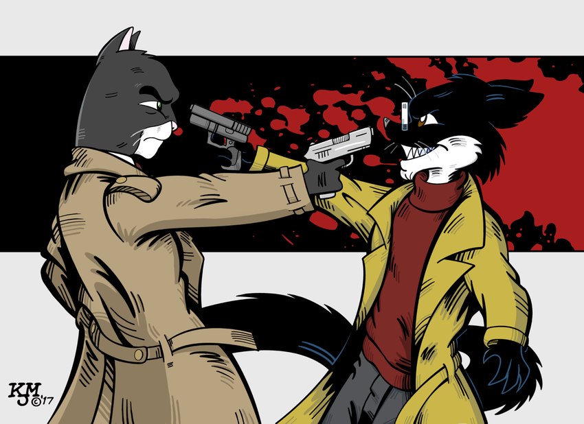 anthro black_body black_fur blood blood_splatter bodily_fluids bottomwear cheek_tuft clenched_teeth clothing coat confrontation countershade_neck countershading detective duo evil_grin eye_contact eyewear facial_tuft fight fur geometric_background glasses grey_body grey_fur grin gun holding_gun holding_object holding_ranged_weapon holding_weapon long_coat long_tail looking_at_another male mexican_standoff multicolored_body multicolored_fur murderer pants pince-nez pointing_gun pointing_gun_at_another ranged_weapon red_clothing red_sweater red_topwear red_turtleneck sharp_teeth simple_background smile standoff sweater tail teeth toony topwear trenchcoat tuft turtleneck two_tone_body two_tone_fur weapon whiskers white_body white_fur slickpuppy blacksad jack_salem john_blacksad domestic_cat felid feline felis gulonine mammal marten mustelid musteline sable_(marten) 2017 crossover signature