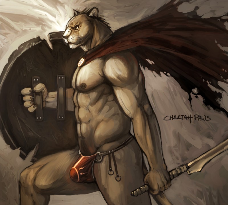 abs anthro biceps big_muscles bulge cape clothed clothing gladiator holding_melee_weapon holding_object holding_sword holding_weapon male melee_weapon muscular muscular_anthro muscular_male shield solo spartan_armor_(roman) sword tail thong topless underwear warrior weapon cheetahpaws 300_(film) spartan_(roman) domestic_cat felid feline felis mammal