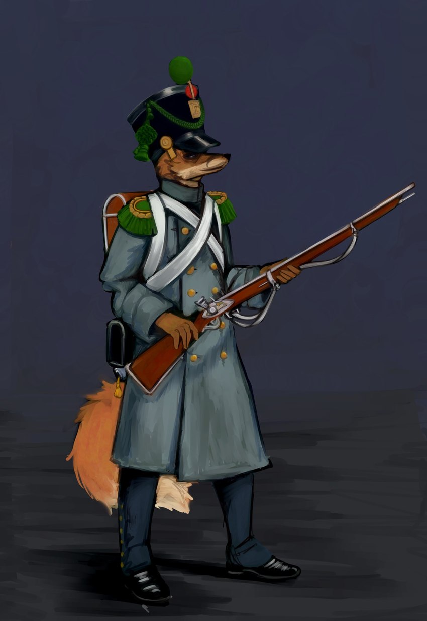 ambiguous_gender anthro backpack buttoned_clothing clothing coat epaulet eyes_mostly_closed greatcoat gun holding_object holding_weapon military_uniform musket narrowed_eyes ranged_weapon shako solo standing tassels topwear uniform weapon banoncat canid canine fox mammal 2021 hi_res