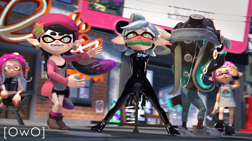 bdsm bondage bound clothing cuff_(restraint) female group latex latex_clothing latex_skinsuit public public_sex restraints sex sex_toy skinsuit tight_clothing vibrator owo_sfm nintendo splatoon agent_8_(splatoon) callie_(splatoon) inkling_girl marie_(splatoon) marina_(splatoon) octoling_girl cephalopod humanoid inkling marine mollusk 16:9 3d_(artwork) 4k absurd_res digital_media_(artwork) hi_res widescreen