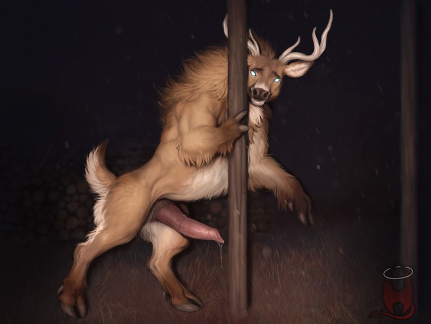 anatomically_correct anatomically_correct_genitalia anatomically_correct_penis animal_genitalia animal_penis antlers belly big_penis blue_eyes bodily_fluids brown_body brown_fur cervine_genitalia cervine_penis cloven_hooves dripping erection feral fluffy fur genital_fluids genitals glowing glowing_eyes grass holding_object holding_pole hooves horn leaning leaning_forward long_penis looking_at_viewer male medial_ring muscular muscular_feral muscular_male night on_hind_legs penis pink_penis plant precum precum_drip realistic solo tan_body tan_fur tapering_penis white_belly wood wood_pole altagrin cervine deer mammal monster werecervine werecreature weredeer colored detailed shaded