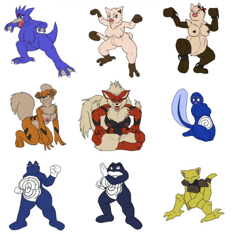 anthro anthrofied areola big_breasts breasts chest_tuft clothing featureless_breasts female gloves group handwear huge_breasts mitten_hands mittens nipples pokemorph tuft ignatius_husky nintendo pokemon abra arcanine canid canine generation_1_pokemon golduck growlithe mammal mankey pokemon_(species) poliwag poliwhirl poliwrath primeape 1:1