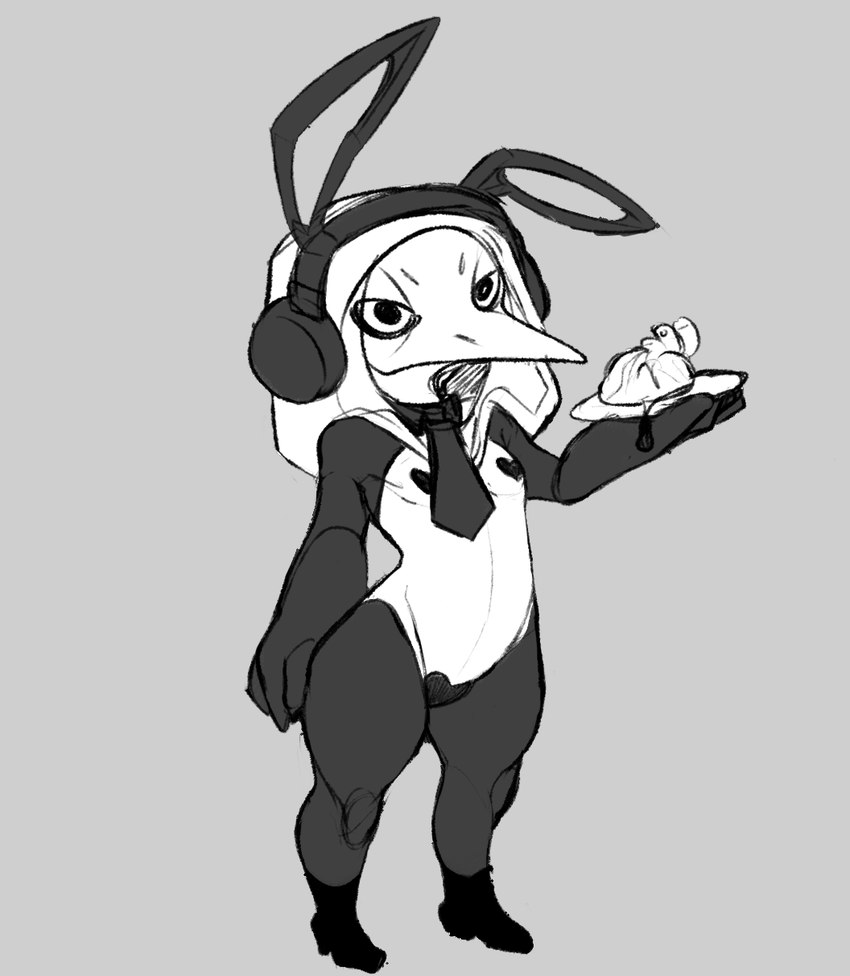 alternate_costume anthro beak biped boots chibi clothed clothing cosplay costume crossdressing electronics eyebrows fake_ears fake_rabbit_ears femboy fingers footwear front_view grey_background headphones heart_(organ) heart_pasties hood looking_at_viewer male male_anthro necktie organs pasties pointy_beak rabbit_ears rabbit_headphones reverse_bunny_costume shoes simple_background solo standing thick_thighs three-quarter_view kaijinapple scp_foundation scp-049 avian bird 2022 full-length_portrait greyscale hi_res monochrome portrait sketch