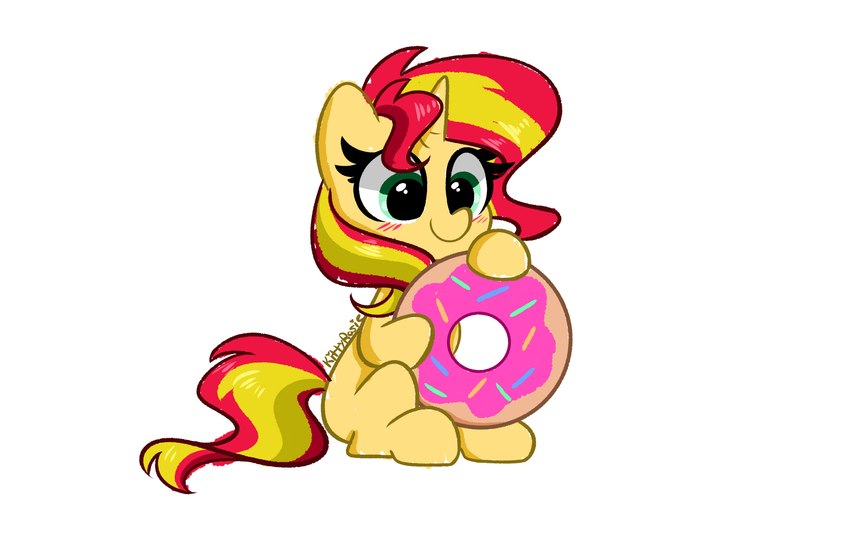 blonde_hair blue_eyes blush dessert doughnut female feral food hair holding_object horn multicolored_hair pastry quadruped red_hair simple_background sitting solo two_tone_hair white_background kittyrosie equestria_girls friendship_is_magic hasbro my_little_pony mythology sunset_shimmer_(eg) equid equine horse mammal mythological_creature mythological_equine pony unicorn 2021 absurd_res hi_res