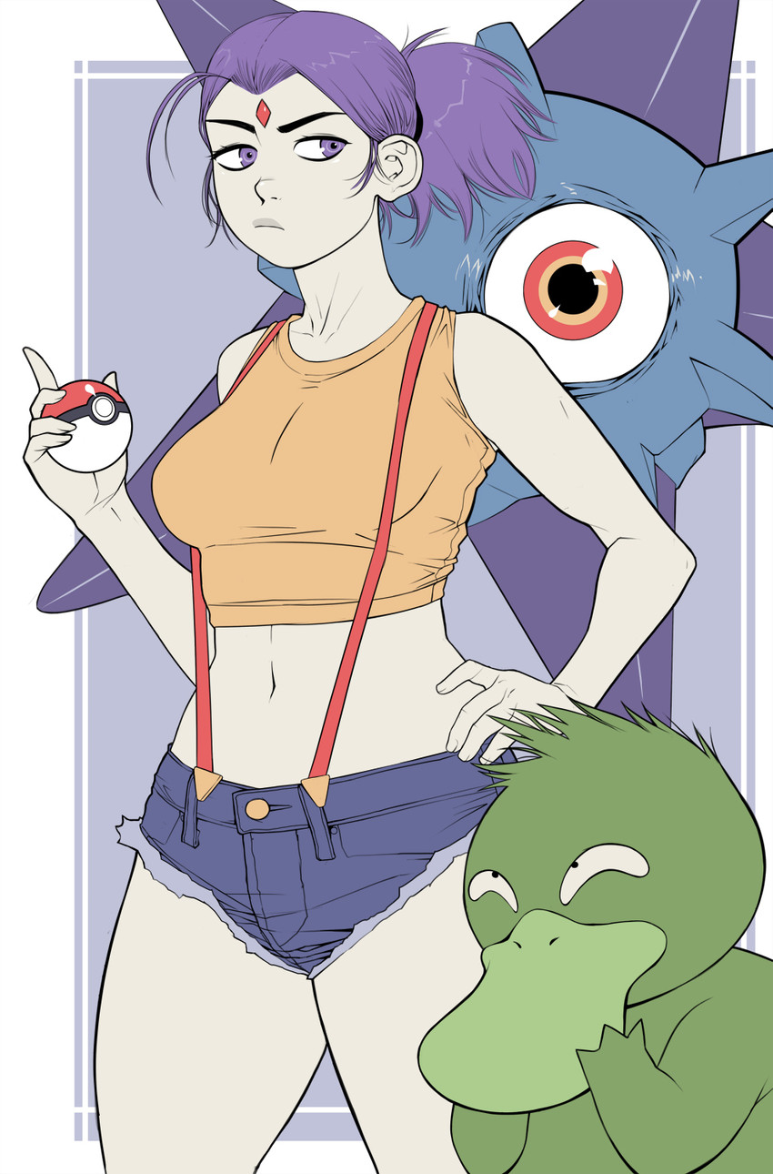 1_eye alternate_color alternate_species ambiguous_gender bottomwear clothing denim denim_bottomwear denim_clothing denim_shorts feathers female feral forehead_gem fusion gem green_body green_feathers grey_body grey_skin group gym_leader hair human_focus lips male multicolored_eyes not_furry_focus orange_eyes pokeball ponytail purple_body purple_eyes purple_hair red_eyes shirt shorts standard_pokeball suspenders tank_top topwear two_tone_eyes yellow_clothing yellow_shirt yellow_tank_top yellow_topwear exmile dc_comics nintendo pokemon teen_titans beast_boy misty_(pokemon) pokemon_trainer raven_(dc) starro generation_1_pokemon human mammal pokemon_(species) psyduck staryu crossover hi_res