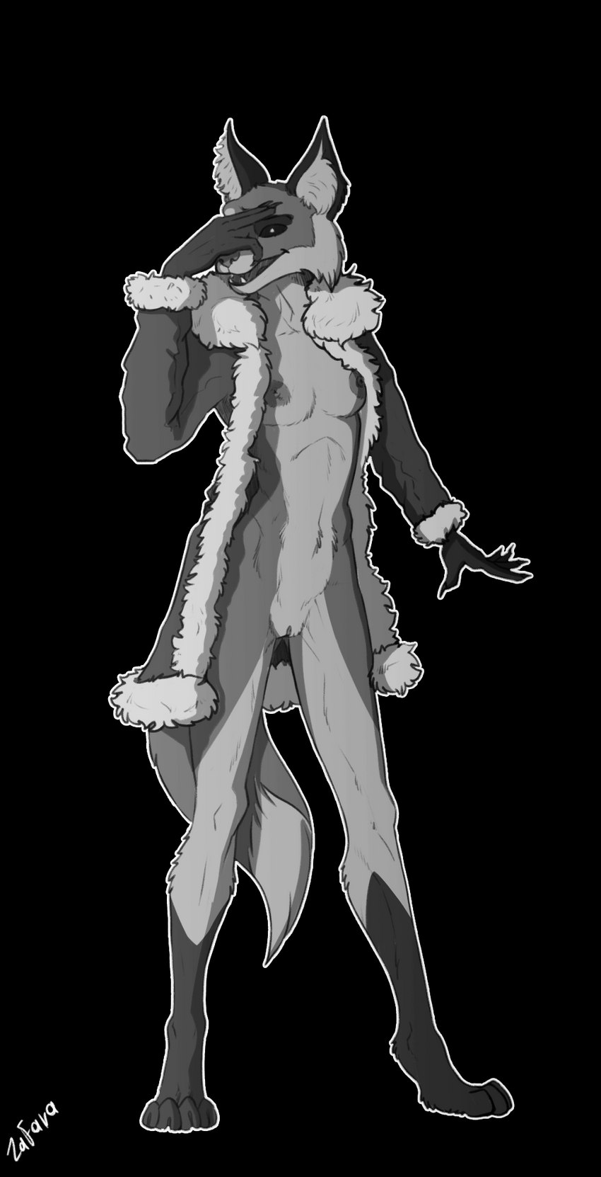 anthro black_body black_fur black_sclera breasts clothed clothing coat female fox_tail fur genitals grey_body grey_fur looking_at_viewer paws pussy simple_background small_breasts solo standing topwear transparent_background zafara_(artist) tiny_bunny alice_the_vixen canid canine fox mammal monster alpha_channel hi_res monochrome