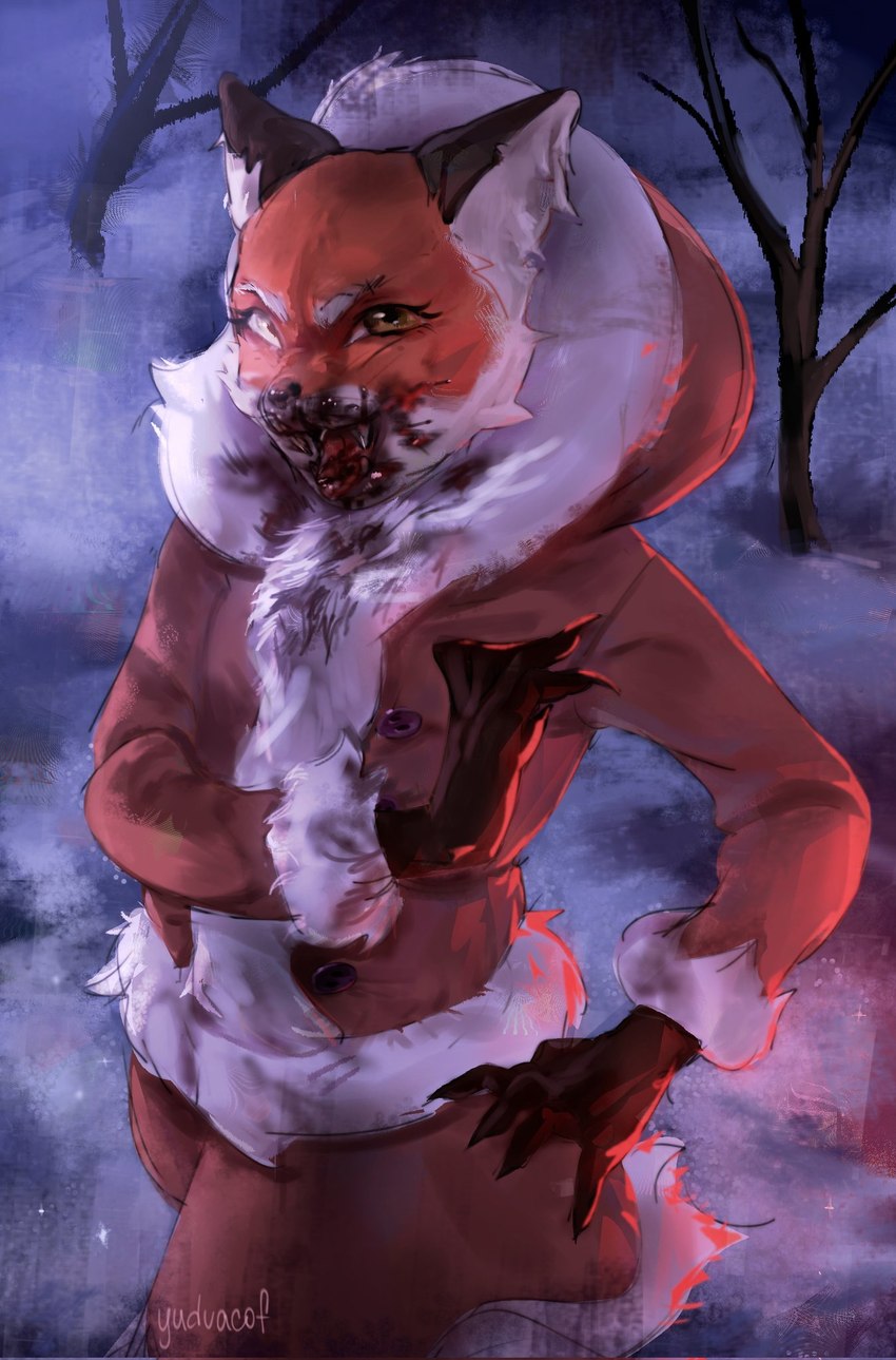 anthro blood bodily_fluids claws clothing coat fangs female forest fur gloves handwear looking_at_viewer multicolored_body multicolored_fur open_mouth plant smile snow solo spruce standing teeth topwear tree winter winter_coat yellow_eyes ydvavofi tiny_bunny alice_the_vixen canid canine fox hybrid mammal monster 2023 hi_res