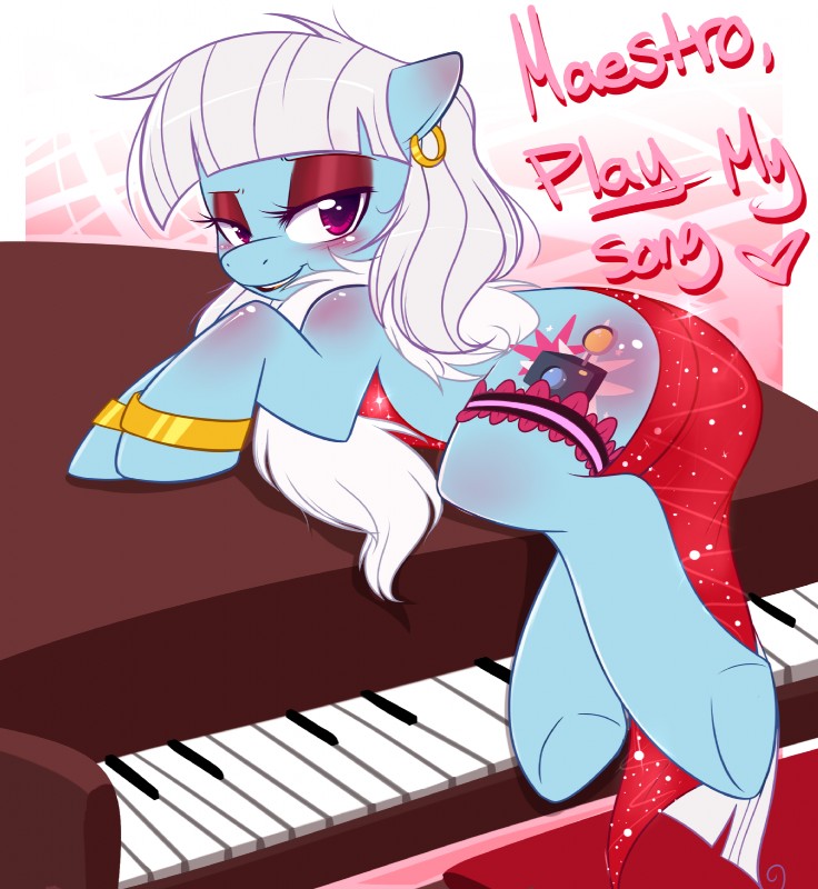 abstract_background bangs blue_body blue_fur blush body_blush bracelet butt_blush clothing cutie_mark dress ear_blush ear_piercing ears_back eyelashes eyeshadow female feral fur gold_(metal) hair heart_after_text hooves jewelry keyboard_instrument looking_at_viewer makeup musical_instrument piano piercing pivoted_ears pose red_clothing red_dress seductive shoulder_blush solo sparkles straight_bangs text underhoof white_hair corrupteddiscipline friendship_is_magic hasbro my_little_pony photo_finish_(mlp) earth_pony equid equine horse mammal pony 2012 english_text hi_res source_request unavailable_at_source