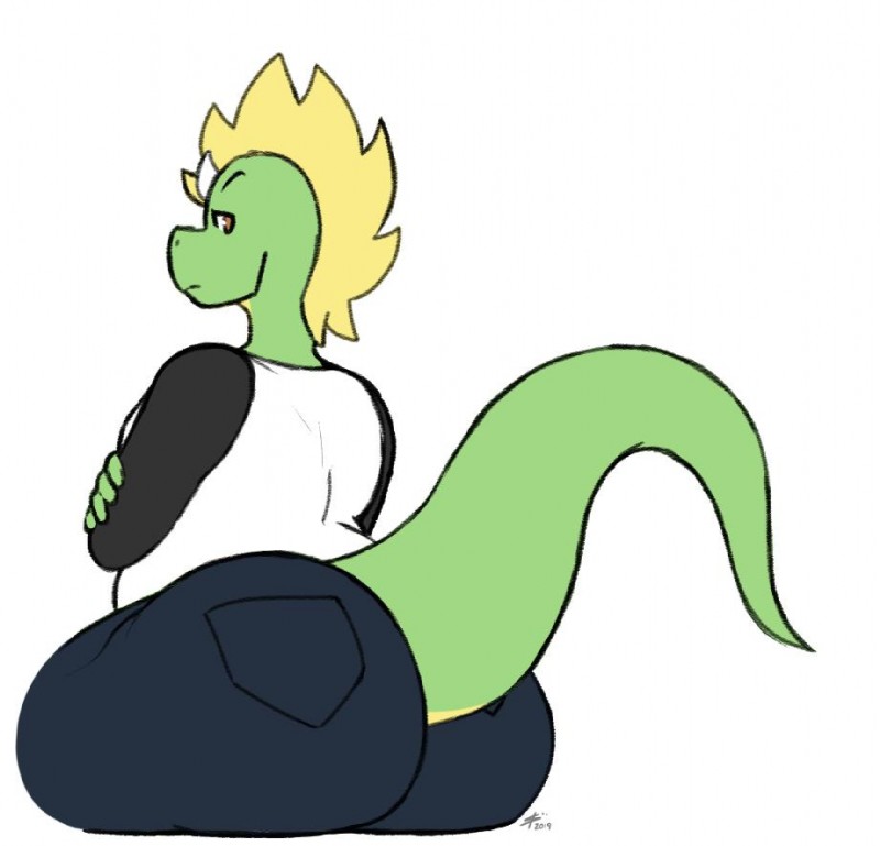 anthro big_butt biped blonde_hair bottomwear breasts brown_eyes butt clothed clothing curvy_figure denim denim_bottomwear denim_clothing female frown fully_clothed green_body green_scales hair horn jeans long_tail looking_at_viewer looking_back mohawk non-mammal_breasts pants scales shirt slightly_chubby slightly_chubby_female solo tail thick_tail thick_thighs topwear voluptuous wide_hips digitalpelican mythology sasha_(digitalpelican) dragon mythological_creature mythological_scalie scalie