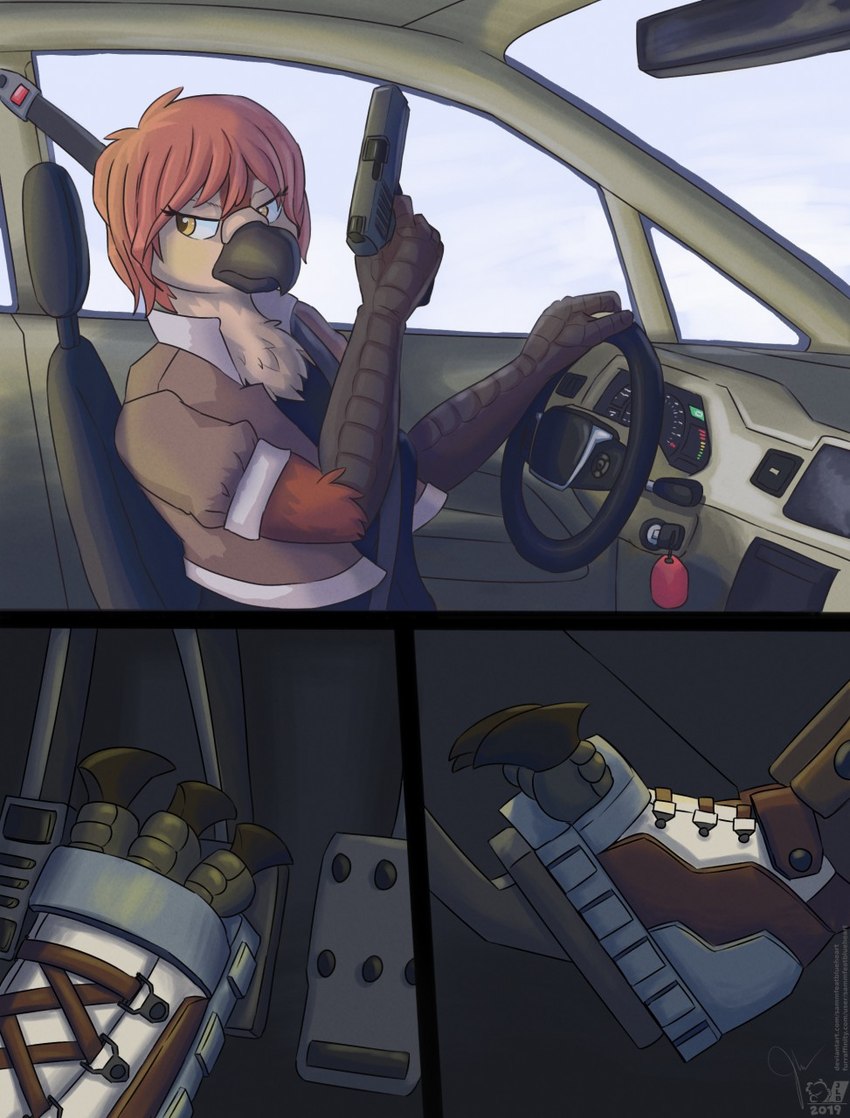 3_panel_comic angry anthro arm_tuft avian_feet beak black_beak black_clothing black_shirt black_talons black_topwear car chest_tuft clothing detailed_background driving elbow_tuft eyelashes eyelashes_through_hair feathers feet female foot_shot furgonomics gun hair hair_covering_face handgun holding_gun holding_object holding_ranged_weapon holding_weapon inside_car inside_vehicle jacket looking_back narrowed_eyes pedals ranged_weapon red_body red_feathers red_hair shirt solo tan_body tan_clothing tan_feathers tan_jacket tan_topwear topwear translucent translucent_hair tuft vehicle weapon white_sneakers yellow_eyes sammfeatblueheart avian bird cariamiform prehistoric_species terror_bird 2019 hi_res shaded signature