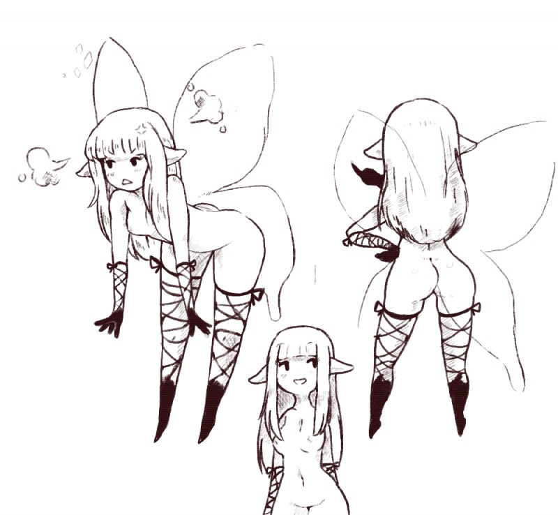 angry armwear blush breasts butt clothing female legwear nipples not_furry simple_background small_breasts solo white_background inkerton-kun bravely_default silicon_studio airy_(bravely_default) fairy humanoid monochrome