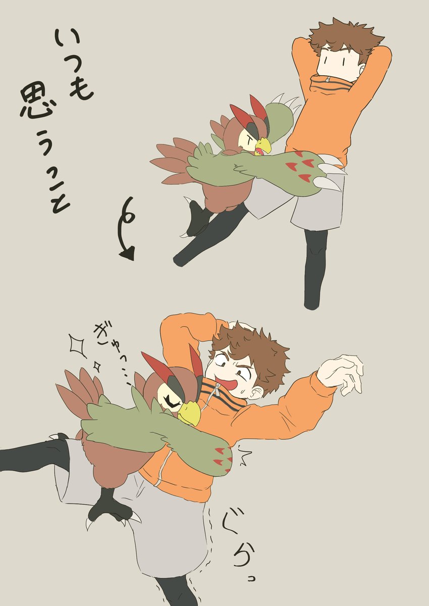 anthro beak bottomwear brown_body brown_feathers brown_hair clothing duo feathers hair hug jacket male shorts smile topwear mofumi_corvus bandai_namco digimon digimon_survive falcomon_(survive) minoru_hyuga digimon_(species) falcomon human mammal absurd_res hi_res