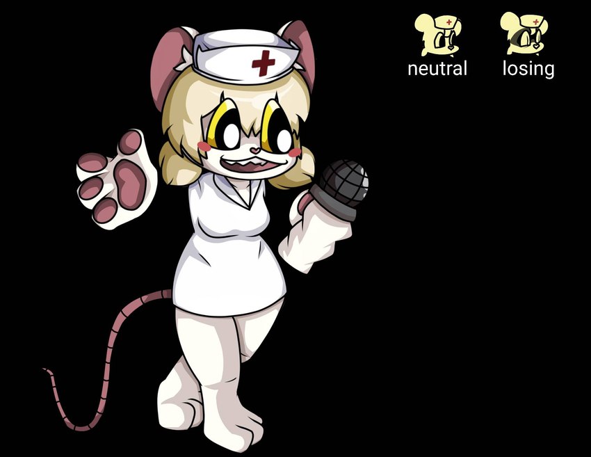 anthro black_background black_eyes blonde_hair blush breasts claws clothing female fur hair hat headgear headwear nurse nurse_clothing nurse_headwear pawpads paws simple_background smile solo tail text white_body white_fur yellow_eyes extraonions friday_night_funkin' terrible_mouse lorna_(terrible_mouse) mammal mouse murid murine rat rodent english_text hi_res