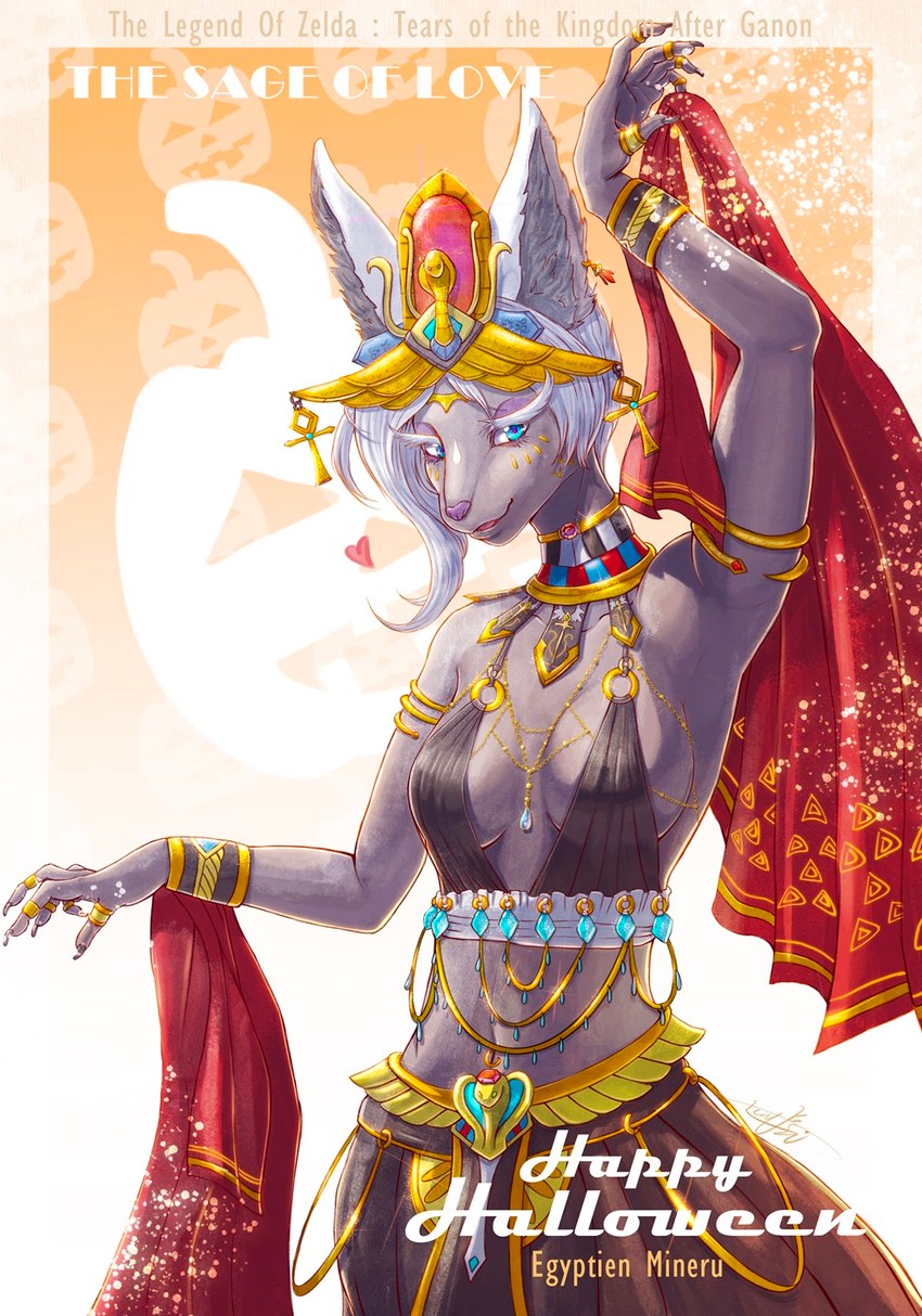 anthro breasts egyptian female fur grey_body grey_fur hair heart_symbol holidays jewelry medium_breasts white_hair lent_si halloween nintendo tears_of_the_kingdom the_legend_of_zelda mineru mammal zonai hi_res