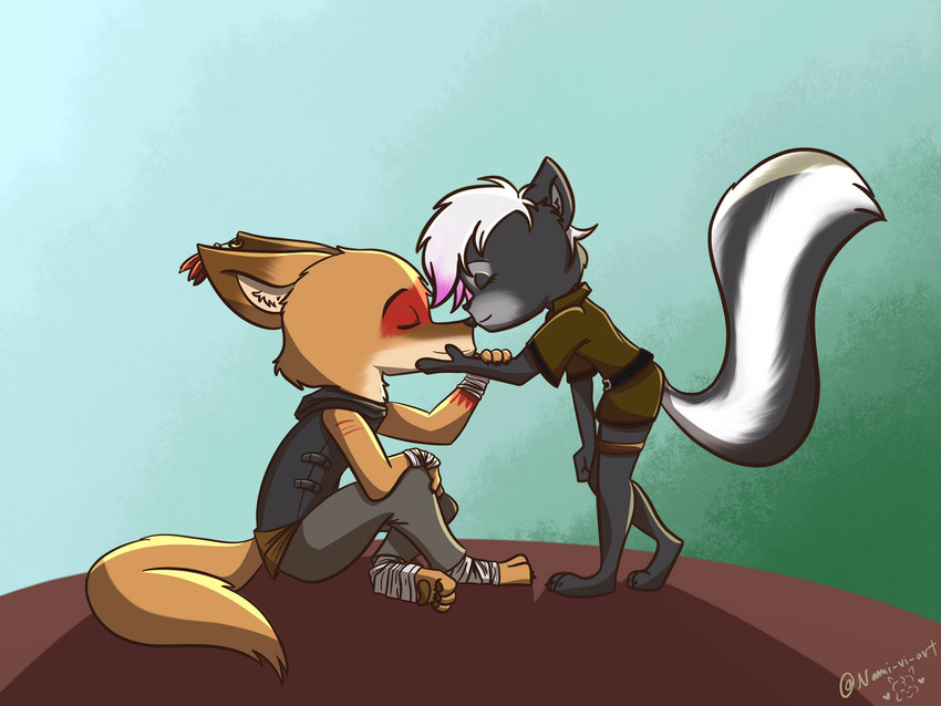 anthro black_body black_fur chibi duo female fur interspecies male sand_fur nami_vianna bad_guy_cafe ake'cheta_(knoton13) roxxie_elwyn_(akecheta) canid canine canis coyote mammal mephitid skunk 4:3 hi_res