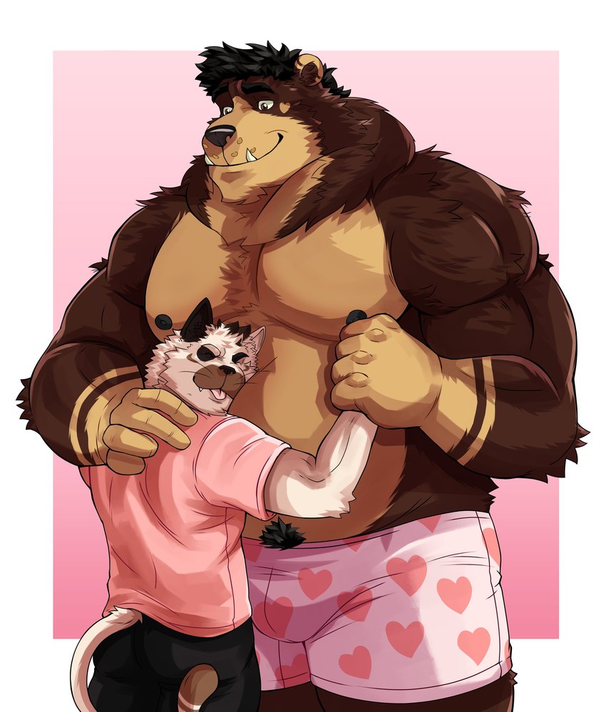 5_fingers anthro belly bottomwear boxers_(clothing) brown_body brown_fur bulge butt clothing duo fingers fur hand_on_shoulder heart_boxers heart_clothing heart_symbol heart_underwear hug male male/male moobs nipples overweight overweight_male pants pattern_clothing pattern_underwear pink_clothing pink_underwear shirt smile standing topwear underwear naikuma bear domestic_cat felid feline felis mammal 2022 absurd_res hi_res