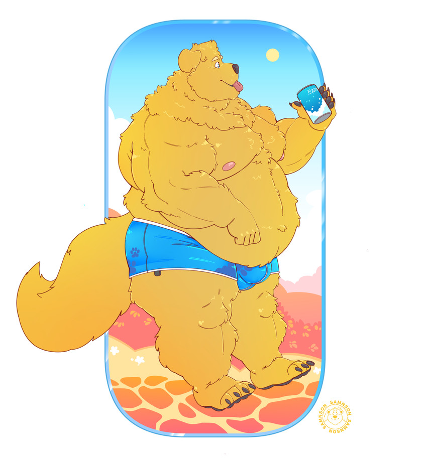anthro belly belly_overhang beverage_can biped blue_bottomwear blue_clothing blue_eyes blue_shorts bottomwear bulge clothing detailed_bulge fluffy fur male male_anthro moobs obese obese_anthro obese_male overweight overweight_anthro overweight_male pawprint_clothing shorts solo sparkling_water sun thick_arms thick_calves thick_thighs tongue tongue_out yellow_body yellow_fur samnson roy_granger bear bird_dog brown_bear canid canine canis domestic_dog golden_retriever grizzly_bear hunting_dog hybrid mammal retriever ursine hi_res