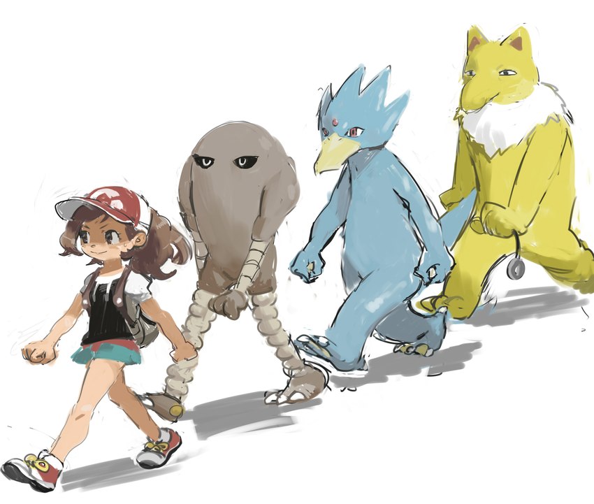 ambiguous_gender anthro clothed clothing female footwear group hat head_gem headgear headwear pendulum shoes simple_background walking white_background perokisu nintendo pokemon pokemon:_let's_go elaine_(pokemon) generation_1_pokemon golduck hitmonlee humanoid hypno_(pokemon) pokemon_(species) absurd_res hi_res