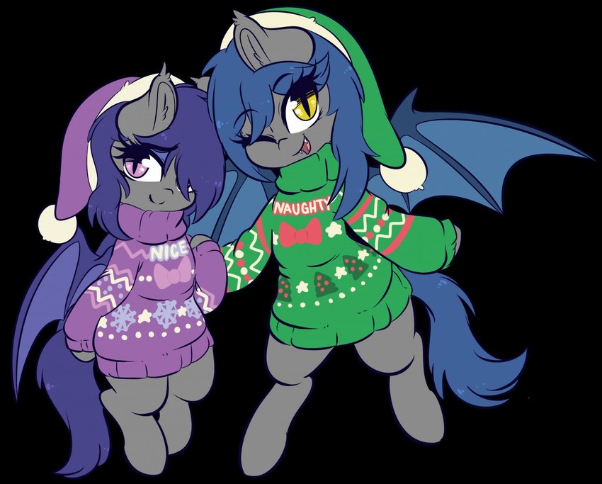 christmas_clothing christmas_headwear clothing duo female feral hat headgear headwear holidays looking_at_viewer purple_eyes santa_hat smile sweater topwear yellow_eyes wickedsilly christmas hasbro my_little_pony dusk_rhine fan_character racket_rhine bat_pony equid mammal sibling_(lore) sister_(lore) sisters_(lore)