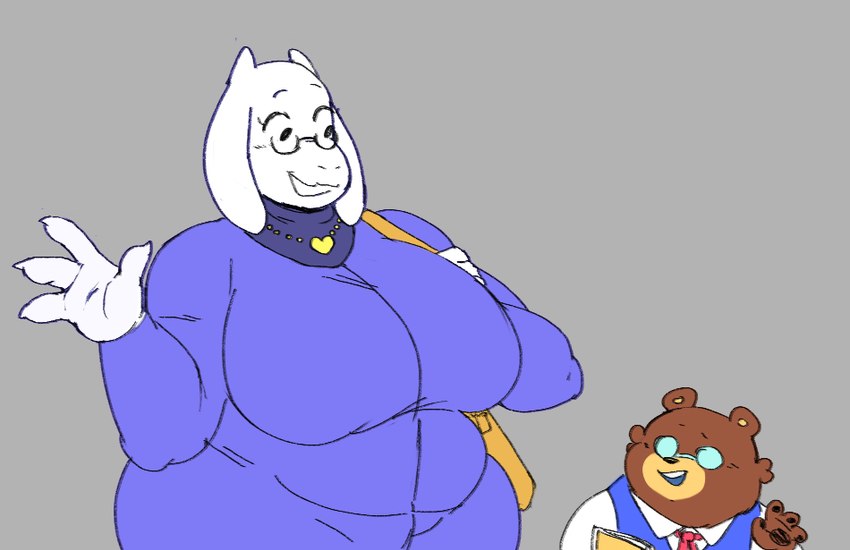 age_difference anthro belly big_breasts breasts duo eyewear female glasses huge_breasts male mature_female nerd older_female overweight overweight_female size_difference slightly_chubby smaller_male olozva deltarune undertale_(series) toriel wan_(olozva) alien bear bovid caprine goat mammal monster