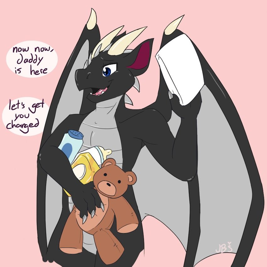 anthro baby_bottle bottle clean_diaper clothing container dialogue diaper diaper_change folded_diaper holding_diaper male plushie solo teddy_bear text touching_diaper wings mythology falund dragon mythological_creature mythological_scalie scalie english_text