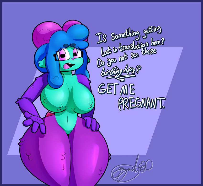 annoyed anthro big_breasts blue_body blue_hair bottom_heavy bovid_horn breasts caprine_horn dialogue featureless_breasts featureless_crotch female gesture hair hand_gesture hand_on_hip horn impregnation_request looking_at_viewer multicolored_body nude open_mouth pinata pink_eyes purple_body purple_skin ram_horn simple_background small_waist solo standing tail text thick_thighs wide_hips gazaster fia_(gazaster) animate_inanimate bovid living_pinata mammal 2024 absurd_res digital_media_(artwork) english_text hi_res