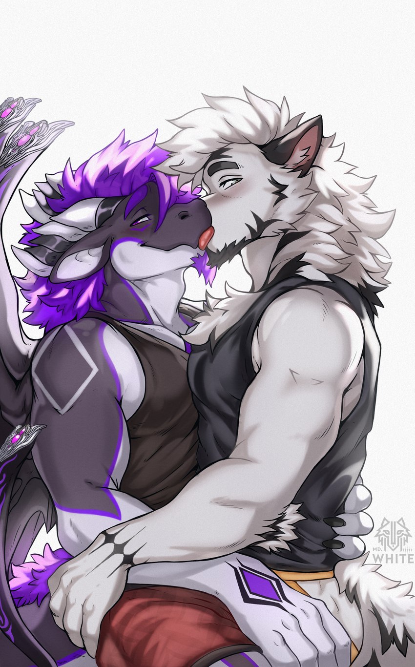 anthro clothed clothing duo hug jockstrap kissing looking_at_viewer male male/male md.white muscular muscular_anthro muscular_male shirt simple_background tank_top tongue topwear underwear wings midnight_blue asian_mythology east_asian_mythology japanese_mythology mythology greedo_lenz canid canine canis demon dragon mammal mythological_creature mythological_scalie scalie wolf yokai absurd_res hi_res
