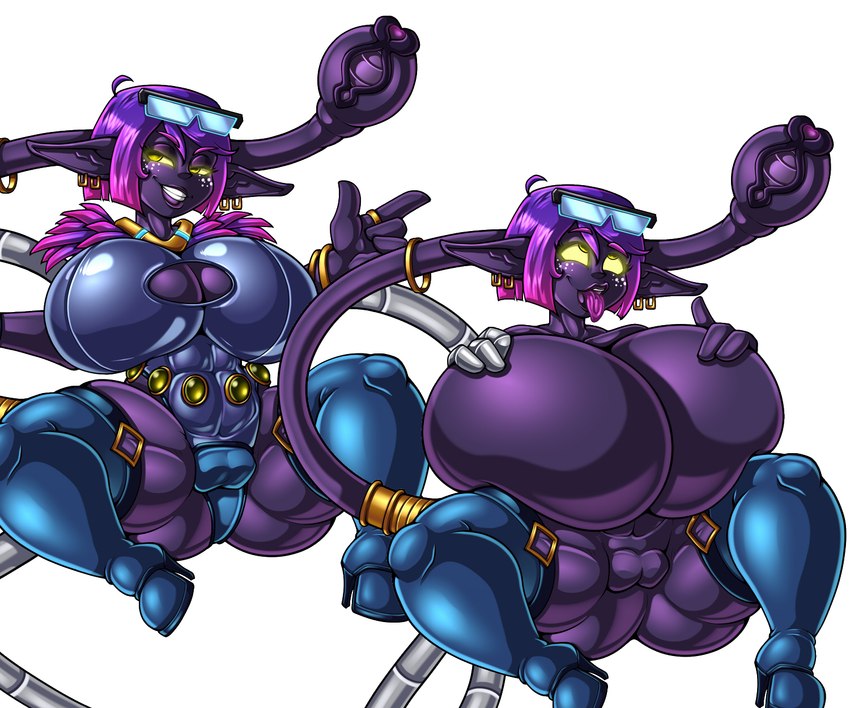 accessory ahegao big_breasts blue_clothing blue_latex blue_legwear blue_leotard blue_thigh_boots blue_thigh_highs boots breast_expansion breasts butt butt_from_the_front clothing cybernetic_arm cybernetic_limb cybernetic_tail cybernetics digit_ring ear_piercing expansion eyewear eyewear_on_head featureless_breasts female footwear freckled_face freckles furgonomics genitals glasses glasses_on_head glowing glowing_eyes hair high_heeled_boots high_heels highlights_(coloring) huge_breasts humanoid_pointy_ears jewelry latex latex_boots latex_clothing latex_footwear latex_leotard latex_thigh_boots legwear leotard looking_at_viewer looking_pleasured machine multi_tail multicolored_hair piercing pink_highlights plump_labia pointy_ears purple_body purple_hair purple_skin pussy ring shoes short_stack simple_background solo spread_legs spreading tail tail_accessory tail_genitals tail_jewelry tail_pussy tail_ring thick_thighs thigh_boots thigh_highs tongue tongue_out two_tone_hair unusual_anatomy unusual_genitalia_placement unusual_pussy_placement unusual_tail white_background yellow_eyes adjatha trials_in_tainted_space lithium_flower cyborg humanoid zaika_(species) 2024 hi_res story story_in_description