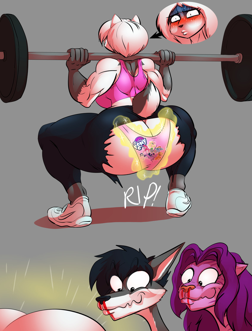 anthro barbell barbell_squats big_butt black_bottomwear black_clothing blood blush bodily_fluids bottomwear butt butt_cleavage clothing crouching embarrassed exercise female footwear glowing glowing_clothing group hair huge_butt humor long_hair looking_at_butt looking_respectfully magic_glow male muscular muscular_female nosebleed panties pants pink_clothing pink_topwear shoes simple_background smile thick_thighs tight_clothing topwear torn_bottomwear torn_clothing torn_pants underwear wardrobe_malfunction yoga_pants thebigbadwolf01 hasbro my_little_pony bailey_rosworth blaise_shirazi chris_hayabusa badger canid canine canis felid mammal mustelid musteline pantherine tiger wolf absurd_res hi_res