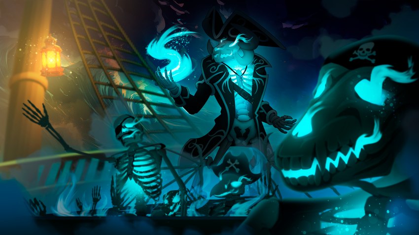 anthro blue_fire bone clothing colored_fire curse cursed eye_patch eyewear fire fog kerchief key magic_user male necromancer necromancy pirate pirate_hat pirate_outfit sea shirt skeleton solo topwear water wave arcanelynx davy_jones_(roifantome) roifantome undead 16:9 4k absurd_res hi_res widescreen