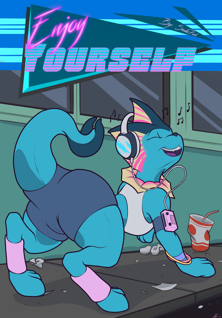 camel_toe cassette_player clothing electronics female feral headphones musical_note musical_symbol outside public shirt sidewalk solo symbol tail tank_top topwear scaliepunk nintendo pokemon feegie eeveelution generation_1_pokemon pokemon_(species) vaporeon absurd_res comic cover hi_res