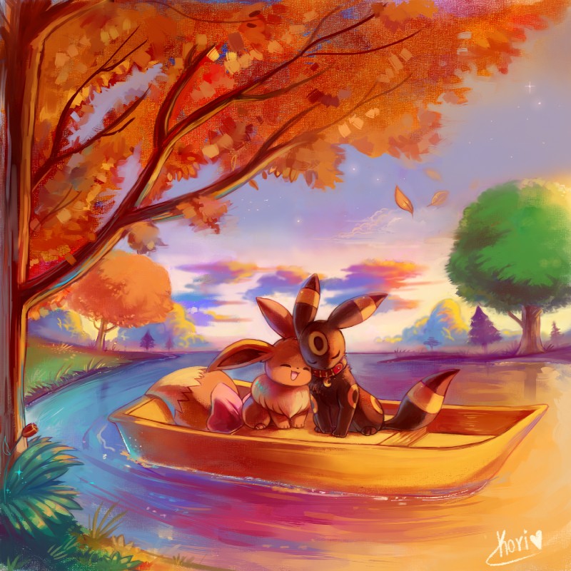 ambiguous_gender boat cloud detailed_background duo grass open_mouth open_smile plant romantic romantic_ambiance romantic_couple smile tree vehicle water watercraft koriarredondo nintendo pokemon emma_the_eevee fan_character qwazzy eevee eeveelution generation_1_pokemon generation_2_pokemon pokemon_(species) umbreon 1:1 hi_res signature