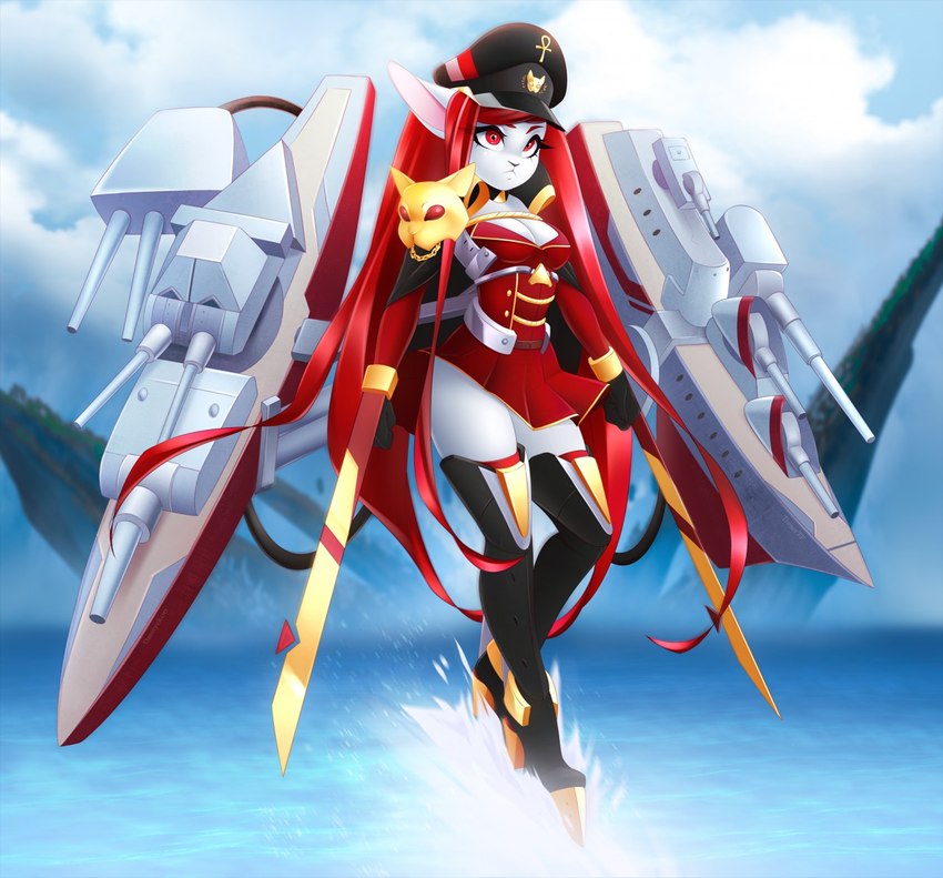 anthro artillery battleship breasts cleavage clothed clothing female hair hat headgear headwear long_hair mecha_musume melee_weapon ranged_weapon red_eyes red_hair ship solo uniform vehicle warship water watercraft weapon white_body dannyckoo tresertf steffanie_(dannyckoo) lagomorph leporid mammal rabbit 2020