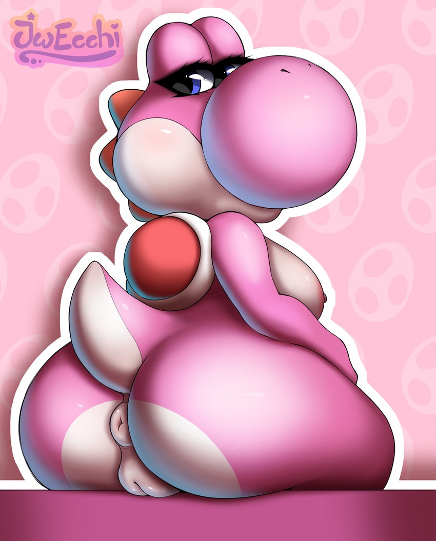 anthro anus areola big_breasts big_butt blue_eyes breasts butt eyelashes female female_anthro genitals looking_at_viewer looking_back looking_back_at_viewer narrowed_eyes nipples pink_body puffy_anus pussy rear_view saddle sitting solo tail wide_hips jwecchi mario_bros nintendo pink_yoshi yoshi absurd_res hi_res