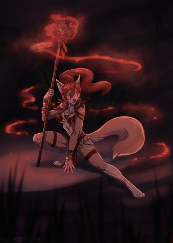 anthro bottomwear breasts clothing female jewelry loincloth magic necklace solo staff tribal hitmore hicane_(character) canid canine fox mammal hi_res