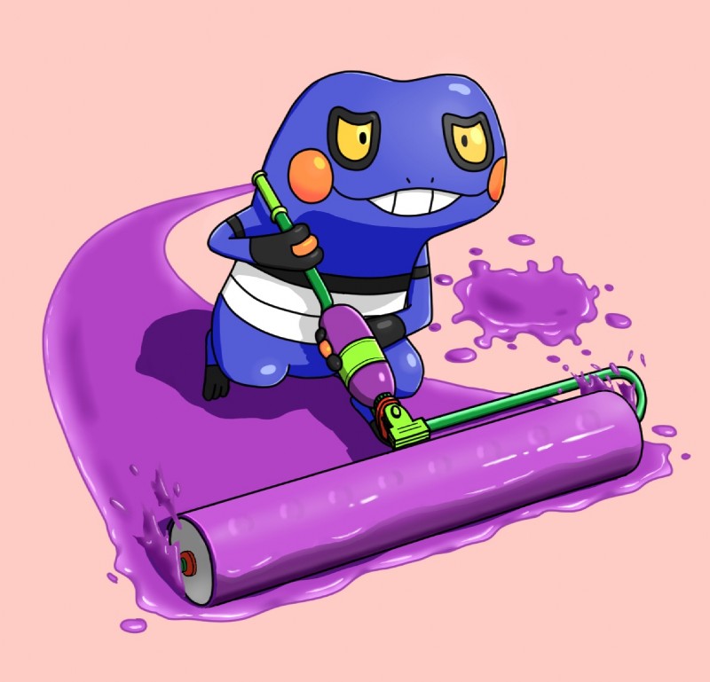 3_toes ambiguous_gender anthro feet gloves_(marking) holding_object markings paint running simple_background solo splat_roller toes yellow_eyes たくを nintendo pokemon splatoon amphibian croagunk generation_4_pokemon pokemon_(species) 2018 crossover